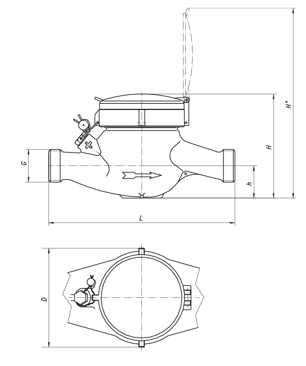 Чертеж для Домовой счетчик для холодной воды (многоструйный мокроход) Powogaz WM-4,0 DN20