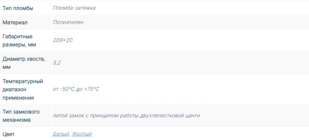 Таблица характеристик для Индикаторная пломба Банксил
