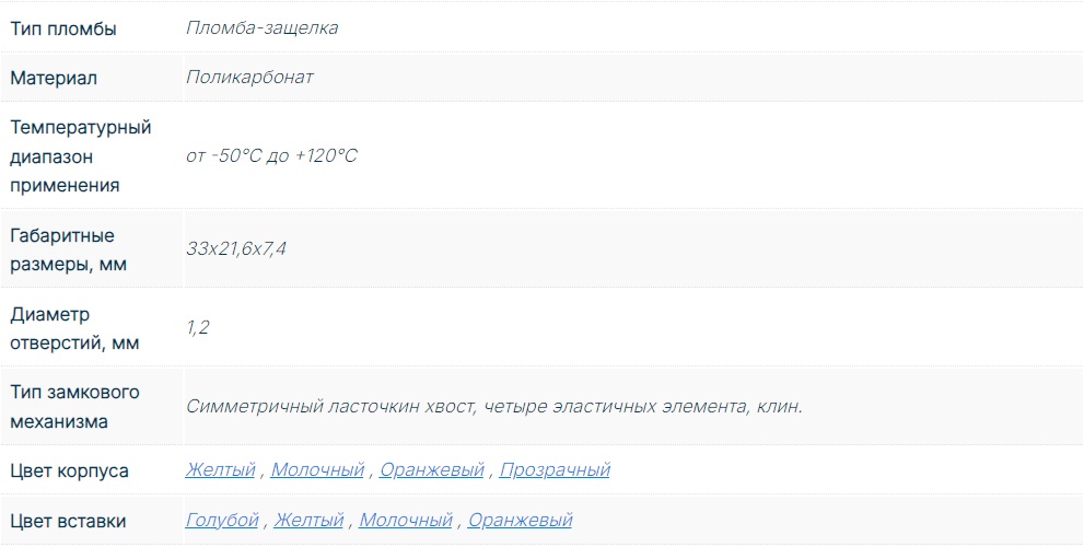 Таблица характеристик для Индикаторная пломба Карат