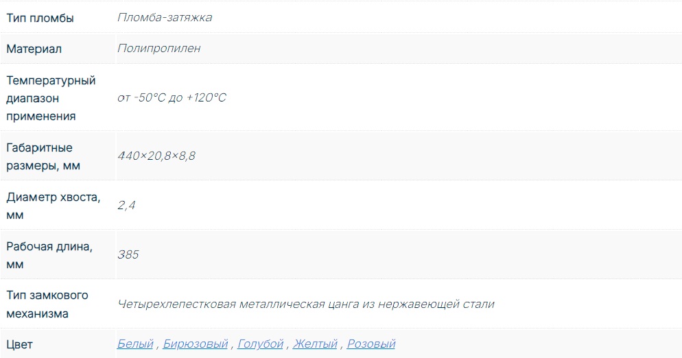 Таблица характеристик для Индикаторная пломба Стрела Люкс