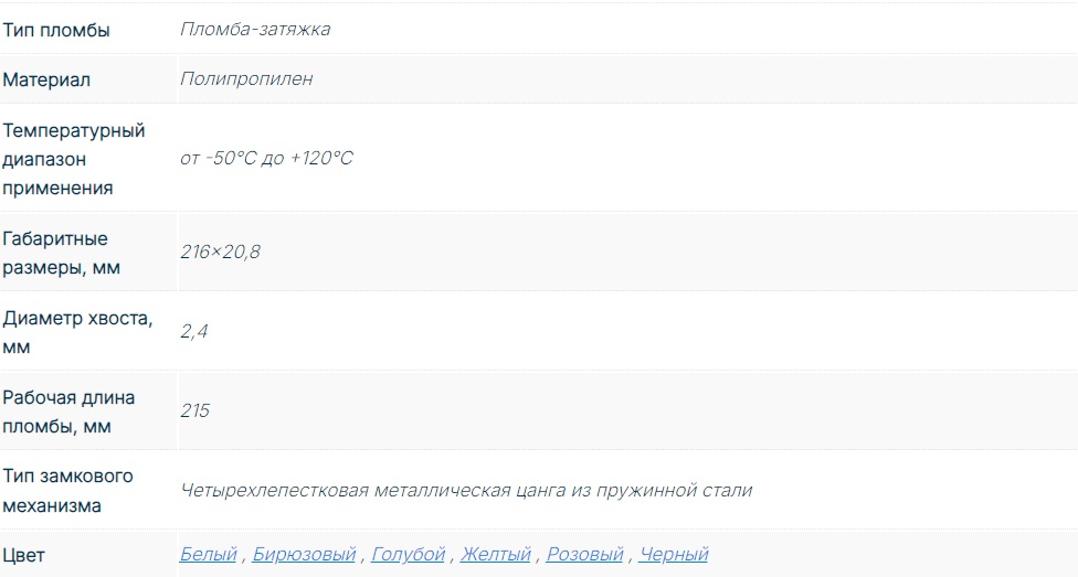 Таблица характеристик для Индикаторная пломба Стрела V2